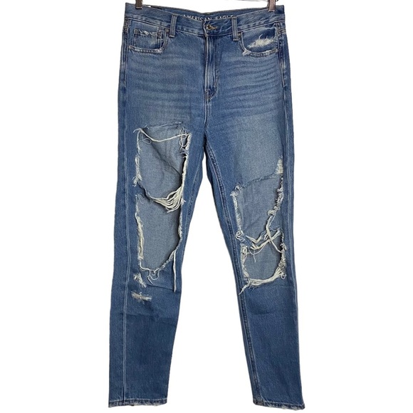 American Eagle Mom Jean High Rise Tapered Leg Distressed Jean Rigid Denim 4 - Picture 1 of 15